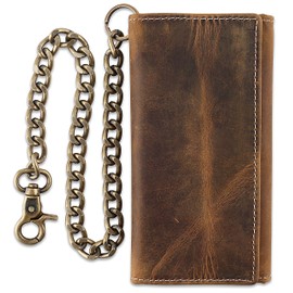 F&L CLASSIC RFID Blocking Mens Tri-fold Long Style Cowhide Leather Steel Chain Wallet,buffalo wax vintage leather,212 wax brown W/white stitching