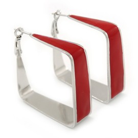 50mm/ Contemporary Square Red Enamel Hoop Earrings/Silver Tone