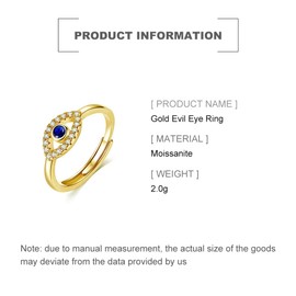 PAENENPH 14K Gold Over 925 Sterling Silver Adjustable Evil Eye Ring with Sapphire and Moissanite, S925 Sterling Silver Protection Band, Jewelry for Women (Yellow Gold)