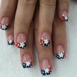 4th of July Press on Nails Short Square False Nails with White Star Dots Designs Blue Red French Tip Fake Nails Press ons Independence Day Glue Stick on Nails for Women 24 Pcs
