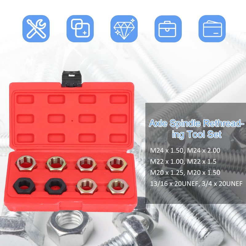 Axle Spindle Rethreading Tool Set with 8 Sizes for Car
