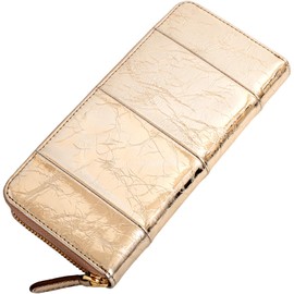 RafiCaro Women's Wallet, YKK Zipper, Cowhide Leather, Long Wallet, Green, Receipts and Coins, Box Type, Coin Through, Large Capacity, Gold