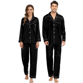 SWOMOG Mens Matching Pyjamas Set Silk Satin Button Down Sleepwear Long Sleeve Nightwear 2 Pcs Pj Set Men Black X-Large
