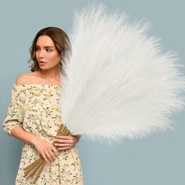 Ouddy Decor 8 Pcs Faux Pampas Grass Decor 38''/97cm Tall Artificial Large Pompous Pompas Floral Fluffy Fake Plants Floor Vase Filler for Wedding Kitchen Home Boho Decorations, Ivory