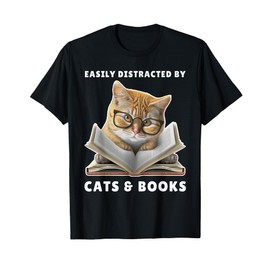 Easily Distracted by Cats and Books Cat Book Lover Club T-Shirt for Men Women Girls Kids