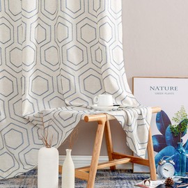 Blue Linen Like Window Curtains Honeycomb Embroidered Design Living Room Curtain Drapes Bedroom Bronze Grommet Window Treatment Set 1 Pair 84 inch