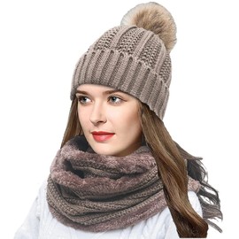 Joligiao 3 in 1 Hat Scarf and Gloves Sets Winter Warm Beanie Hat Scarf Set and Touchscreen Gloves for Women Thick Thermal Fleece Lined Knitted Pompom Beanie Cap and Long Loop Neck Warmer for Outdoor