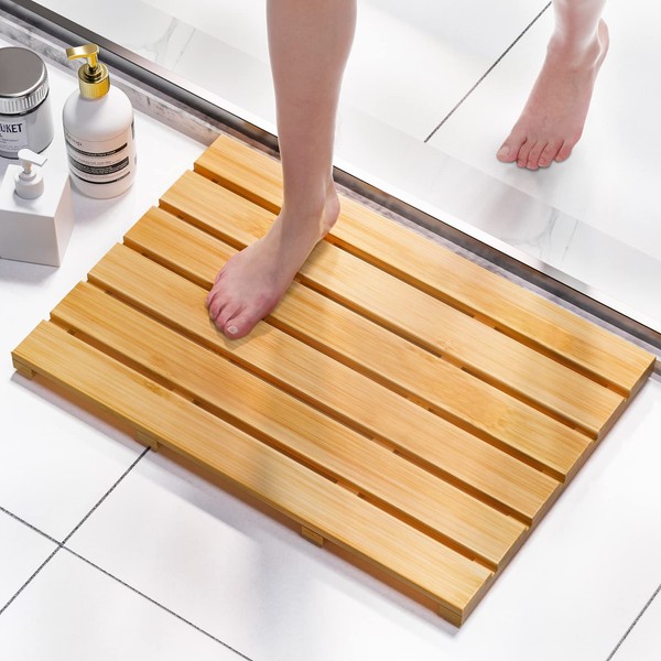 Domax Bamboo Bath Mat for Bathroom - Shower Mat Non Slip Waterproof Wooden Shower Floor Mat for Doorway Sauna Spa Yard Patio Pool Outdoor Use (Natural, 21.26 x 14.17 x 1.3 Inch)