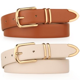 Monoluxe - Paquete de 2 cinturones para mujer con hebilla dorada de piel sintética de moda, Café/Beige, L for Waist Size 35"-40"