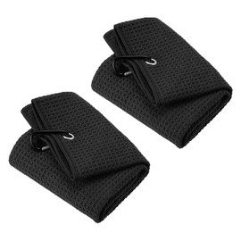 PATIKIL 16"x16" Tri-Fold Golf Towels, 2 Pack Waffle Pattern Towels Soft Fiber Strong Water Absorption with D Clip for Golf Lovers, Black