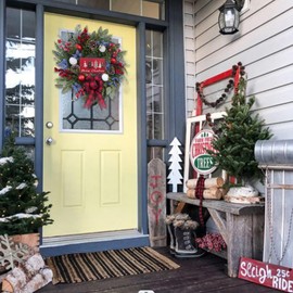 Prelit Christmas Wreath for Front Door Outside,22 inch Buffalo Plaid Wreath with tarten Plaid Bow,Lighted Farmhouse Christmas Decoration with 30 LED Lights,Winter Door Wreath,Christmas Porch Decor
