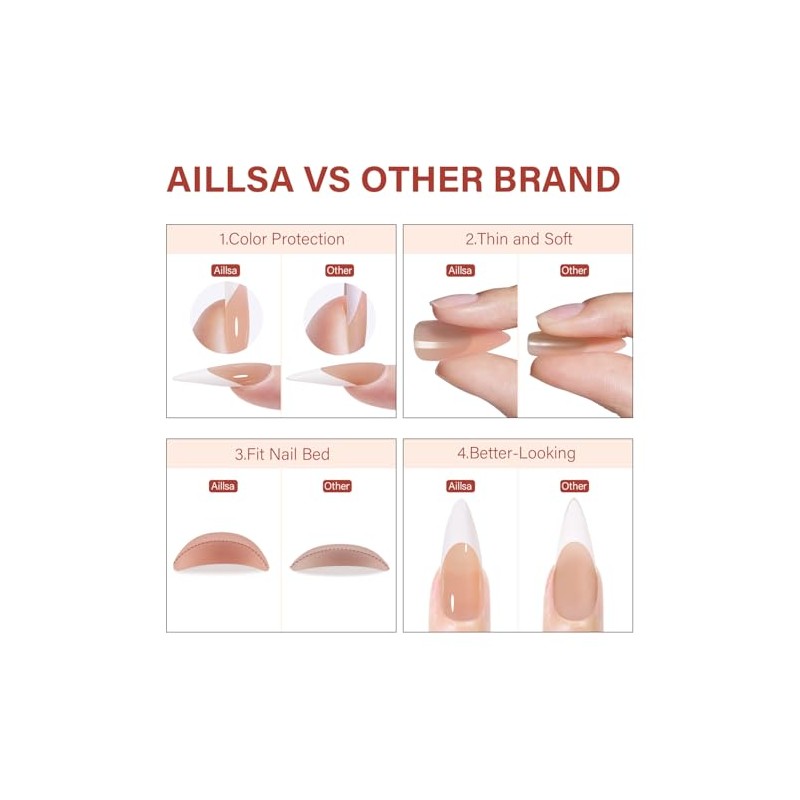AILLSA Uñas Postizas Francesas de Gel, 180 Unidades, Largas, Almendradas,