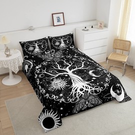 Erosebridal Tree of Life Comforter Set Sun and Moon Bed Sets, Gothic Moth Duvet Trippy Galaxy Stars Quilt Duvet King Cosmic Celestial Stars Down Comforter, Luxury Chic Bedroom Decor 3Pcs Black White
