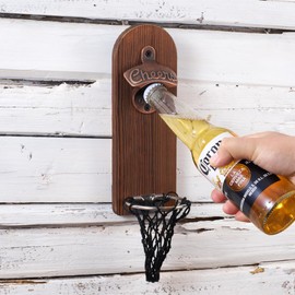 Arola Magnetic Wall Mounted Bottle Opener, Removable Wooden Opener with Cap Catcher Collector Net, Ideal Gift for Beer Lovers and Man, Use as Kitchen Yard Bar Decoration. (Design-2)