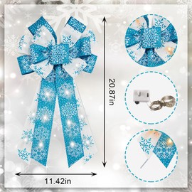 Hying Large Christmas Bows for Wreath, LED Light Blue White Snowflakes Wreath Bow for Christmas Décor Winter Blue Bow for Front Door Indoor Outdoor Wall Tree Topper Decoration Supplies Xmas Ornament