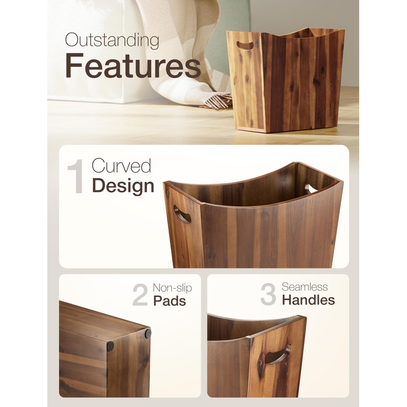 Tidita 3 Gallons Rectangular Wastebaskets - Acacia Wood Waste Basket