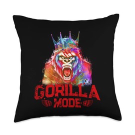 Workout Power Shirts Gorilla Mode | King Beast Head Workout Gym Success Fitness Throw Pillow, 18x18, Multicolor