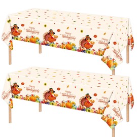 2 Pack Thanksgiving Tablecloth - Disposable Plastic Turkey Tablecloth, Fall Pumpkin Maple Leaf Table Cover for Thanksgiving Party Supplies Friendsgiving Autumn Decorations