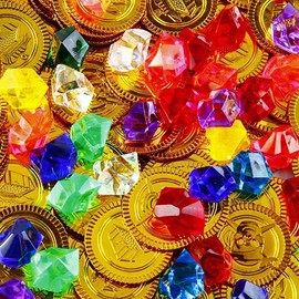 PIQIUQIU Pack of 150 Pirate Gold Coins (50 Pieces Pirate Coins with 100 Pieces Children's Pirate Gemstones for Children, Pirate Treasure, Pirate Party Bags, Treasure Hunt Children's Birthday Party