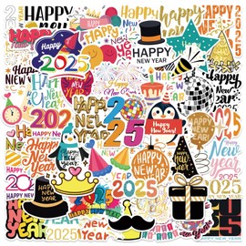 XZENTIRA 52 PCS Happy New Year Stickers 2025 Holiday Waterproof Vinyl Sticker New Years Eve Party Stickers Bulk New Year Kids Stickers for Water Bottles Laptops Window 2025 New Year Decorations