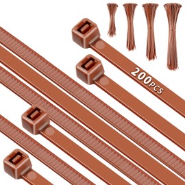 Idemeet PA66 Cable Zip Ties, Fence Ties, 200pcs 12+10+8+4 Inch Heavy Duty with 22-55lb Strength, Self-Locking Nylon Wire Ties for Farming Fence Garden Trellis, Brown