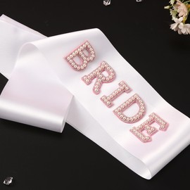 Bride Sash with Pearls and Rhinestones, Bride to be Sash, Bachelorette Party Sash, Bridal Shower Gift Wedding Decorations, White and Pink (1)