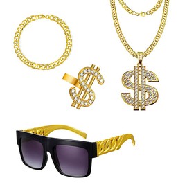 Set of 4 Golden Costume for Men with Hip-Hop Costumes, Rapper Chains, Dollar Ring and Dollar Sign Accessories - Perfect for Gangster Costumes of the 80s
