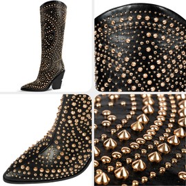 iiimmu Knee High Boots Women Black Pointed Toe and Chunky Heel Boots for Women Luxurious Studded Boots Tall Boots with Gold Metal Rivets, Size US 10