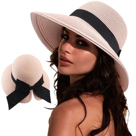 DRESHOW Sun Hats for Women Travel Fedora Foldable Beach Sun Hat Summer Wide Brim Straw Bucket Hat with Bowknot UPF 50+