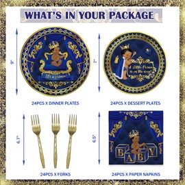 Hombae Royal Prince Baby Shower Supplies Tableware Set, Little Prince Baby Shower Decorations Boy, Baby Shower Decorations Boy, Blue Gold Plates, Napkins, Forks, Serves for 24 Guests