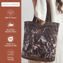 Maison d' Hermine Shopping Bags Cotton Quilted Tote Bag with Zipper Pockets & Small Pouch Reusable Shoulder Grocery Bag for Gifts Beach Travel Lunch Perfect for Men Women (Meadow Florals)