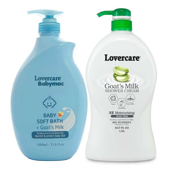 Lover's Care Combo Goat Milk Moisturizing Body Wash Shower Cream Aloe Vera 1200ml & Lovercare Babymac Baby Soft Bath+Goat Milk 1000ml