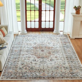 Syalife 9x12 Washable Area Rug - Soft, Non-Shedding, Low-Pile for Living Room, Bedroom, Office & Nursery - Distressed Style with Non-Slip Backing, Multi-Beige