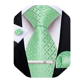 DiBanGu Silk Ties for Men Formal Plaid Check Necktie and Pocket Square Cufflinks Tie Clip Set Wedding Necktie with Gift Box, Mint Green Plaid, One Size