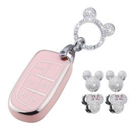 XUPEIXUN 6 Pcs Pink Car Accessories for Jeep Grand Cherokee Renegade Wrangler Patriot Grand Commander Key Fob Cover with Bling Keychain Cute Rhinestones Hooks