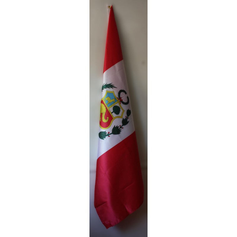 FLAG OF PERU WITH SHIELD. PREMIUM SATIN QUALITY. LARGE SIZE