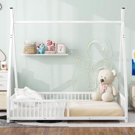 Harper & Bright Designs Metal Twin Size House Platform Bed with Triangle Structure and Guardrail Bed Frame for Boys Girls Kids Adults Toddler, White