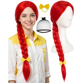 ESUNO 25Inch Long Red Braided Wig Cowgirl Wigs Red Cowboy Wig for Women