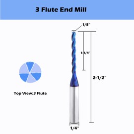 JXYUSXHJ VIC004 CNC Router Bit 3 Flutes Spiral Solid Carbide End Mill with NACO Coating for Wood Plunging（1/4S*1/8D*1-1/4CL*2-1/2OVL）