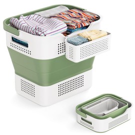 Collapsible Laundry Basket, 10.5 Gallons (40L) Laundry Basket Upgraded With a Storage Box, Laundry Hamper for Laundry Room Organization & Storage Foldable Clothes Hamper Container/Organizer - Green