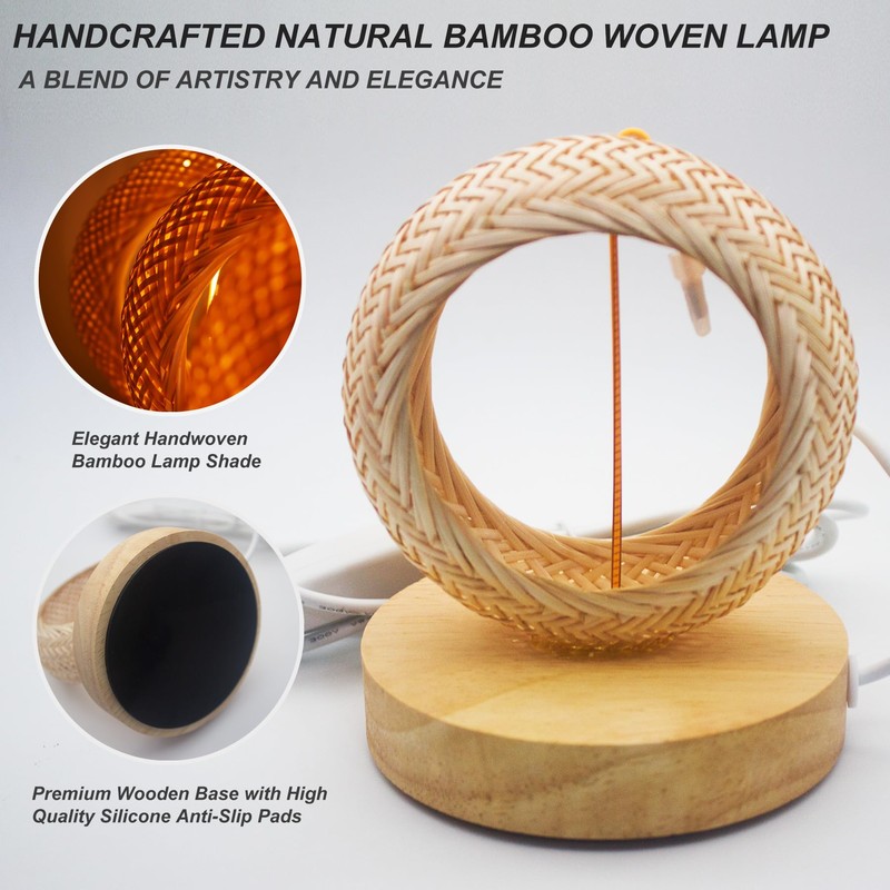 EDALOPLI Boho Lamp, Small Bamboo Table Lamp, USB Powered, Warm