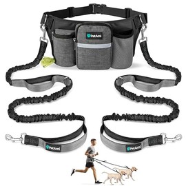 PetAmi - Correa de perro con manos libres para 2 perros, correa ajustable para caminar perros, riñonera, bolsa de accesorios para correr, senderismo, trotar, ciclismo, gris carbón