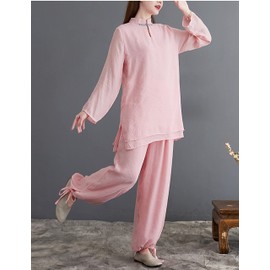 Moonetto Womens Chinese Traditional Tai Chi Uniforms Kung Fu Clothing Martial Arts Suit Cotton Wing Chun Clothes(0242-Pink-L)