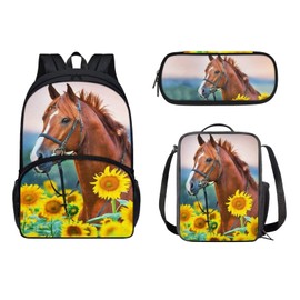 Yuuxorilu Horse School Backpack Set for Teen Girls Sunflower School Bookbag With Lunch Box Pencil Case for Kids Schoolbag Rucksack Elementary Students Daypack Knapsack for Teens 3PCS Bookbag Set