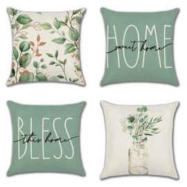 JOTOM Set of 4 Throw Pillow Covers Eucalyptus Leaves Summer Spring Decorative Square Cushion Covers Sofa Car Home Sweet Home Pillowcases for Outdoor Home Bedroom Couch Decor 45x45 cm (HOME Green)