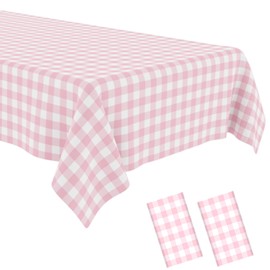 OLIVBIN 2 Pack Pink Gingham Tablecloth Pink and White Checkered Tablecloths Disposable Plastic Gingham Tablecovers Waterproof Rectangle Picnic Table Covers for Birthday Party Supplies，54 x 108 Inches