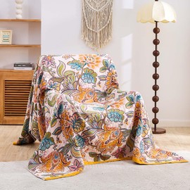 XIBLC Boho Throw Blanket for Bed, 100% Cotton Soft Rustic Quilt Fall Blanket, 50"x60" Floral Printed Farmhouse Decor Bed Blankets, All Season Rustic Reversible Bohemian Throw Quilt