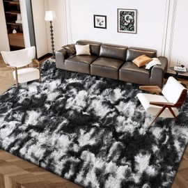 FlyDOIT Large Area Rugs for Living Room, 4x6 Feet Tie-Dyed Black and White Shaggy Rug Fluffy Throw Carpets, Ultra Soft Plush Modern Indoor Fuzzy Rug for Bedroom Girls Kids Nursery Room Dorm Home Decor