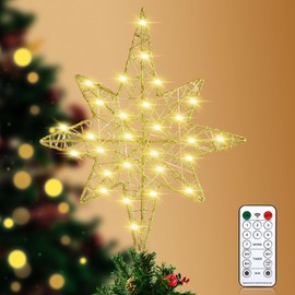 Qmioti Christmas Star Tree Topper, Lighted Bethlehem Star Tree Topper 40 LED Lighted with Remote Control 8 Mode Lighting for Indoor Home Decor, Gold
