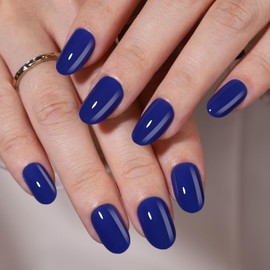 SHANGMENG Soft Gel Press on Nails Oval - Blue Press on Nails Short with Nail Glue, Fit Perfectly & Natural Sitck on Nails in 16 Sizes - 32 Reusable Fake Nails for Women Gift, Navy Blue